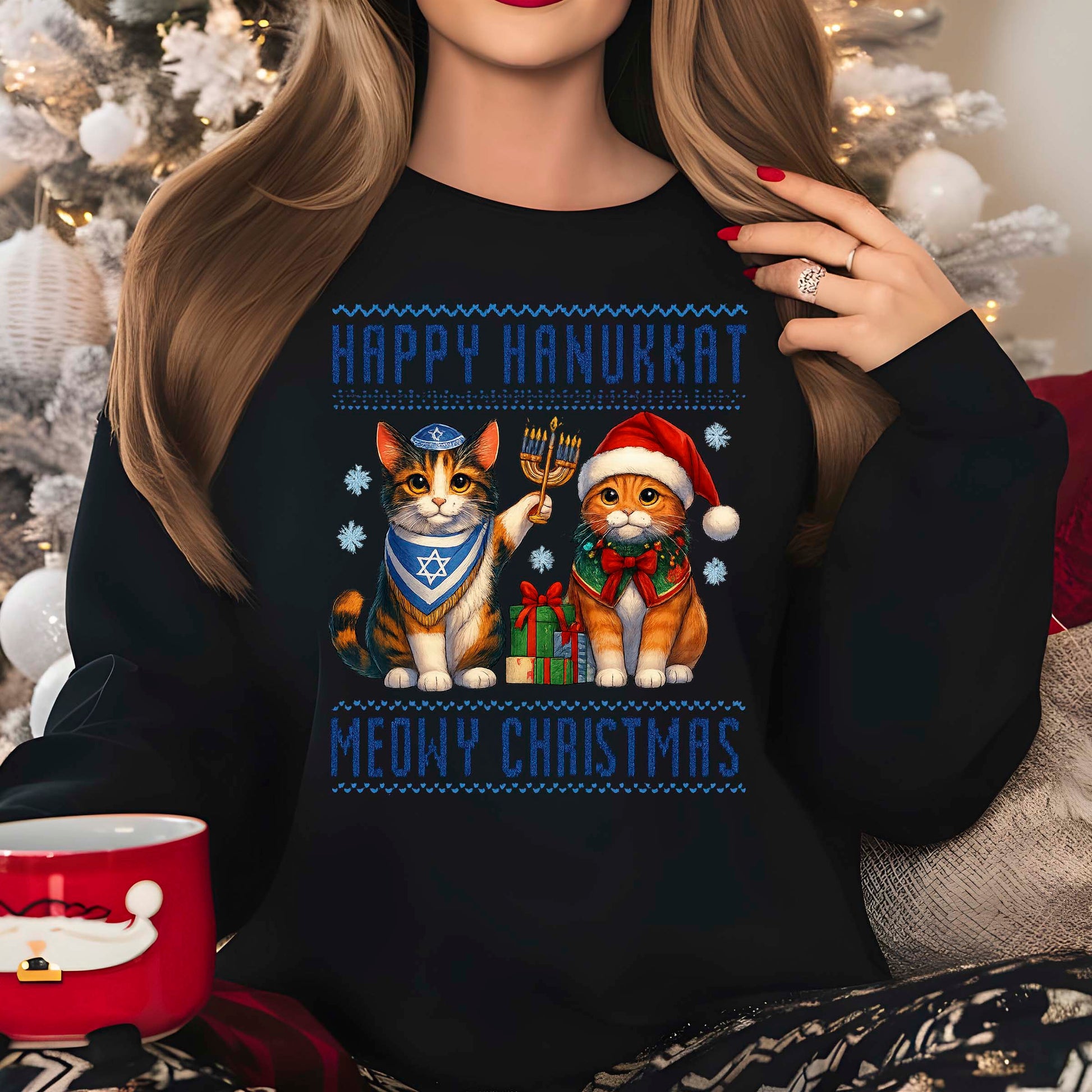 Happy Hanukkah Meowy Christmas Sweatshirt, Funny Menorah Jewish Holiday Long Sleeve T Shirts, Retro Hanukkah Festival Sweater Gifts