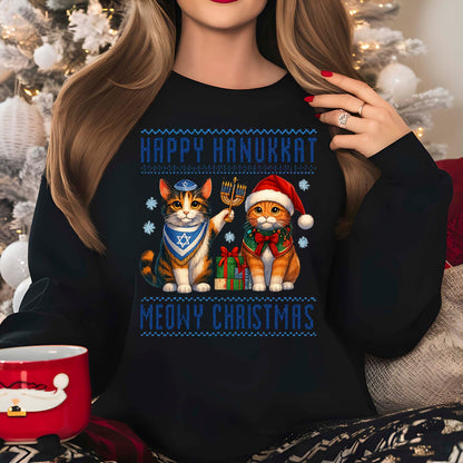 Happy Hanukkah Meowy Christmas Sweatshirt, Funny Menorah Jewish Holiday Long Sleeve T Shirts, Retro Hanukkah Festival Sweater Gifts