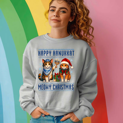 Happy Hanukkah Meowy Christmas Sweatshirt, Funny Menorah Jewish Holiday Long Sleeve T Shirts, Retro Hanukkah Festival Sweater Gifts