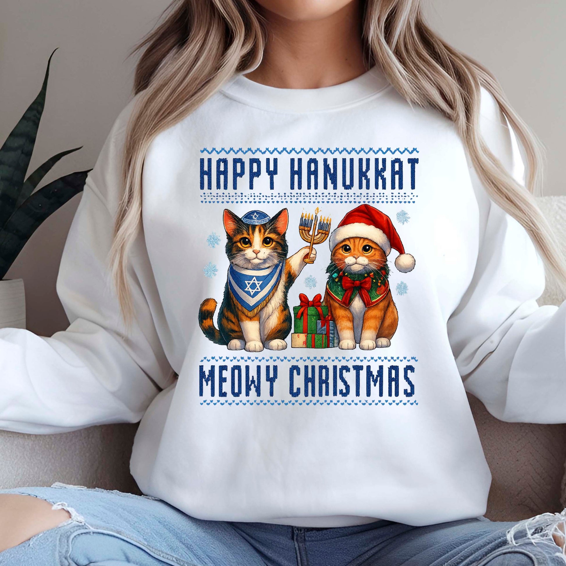 Happy Hanukkah Meowy Christmas Sweatshirt, Funny Menorah Jewish Holiday Long Sleeve T Shirts, Retro Hanukkah Festival Sweater Gifts