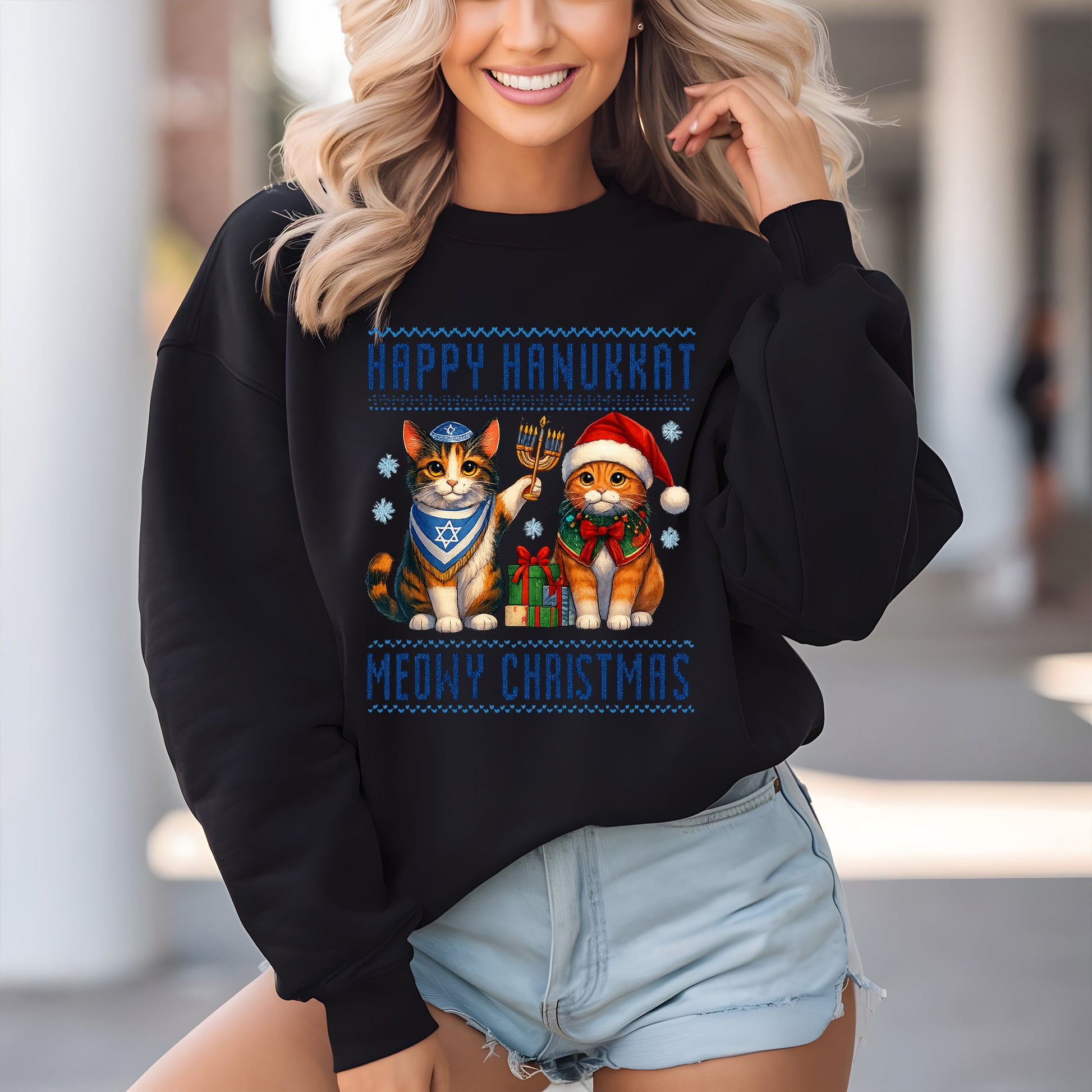 Happy Hanukkah Meowy Christmas Sweatshirt, Funny Menorah Jewish Holiday Long Sleeve T Shirts, Retro Hanukkah Festival Sweater Gifts