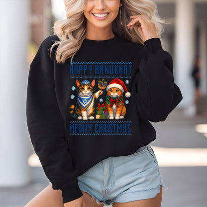 Happy Hanukkah Meowy Christmas Sweatshirt, Funny Menorah Jewish Holiday Long Sleeve T Shirts, Retro Hanukkah Festival Sweater Gifts