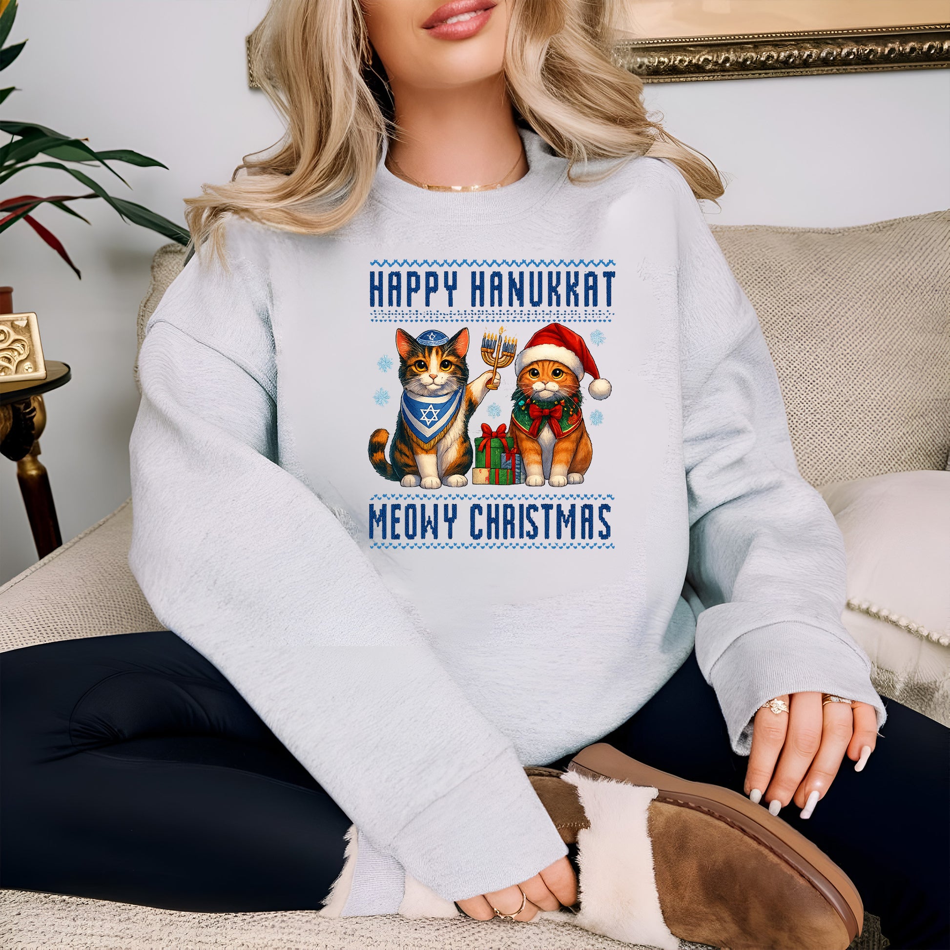 Happy Hanukkah Meowy Christmas Sweatshirt, Funny Menorah Jewish Holiday Long Sleeve T Shirts, Retro Hanukkah Festival Sweater Gifts