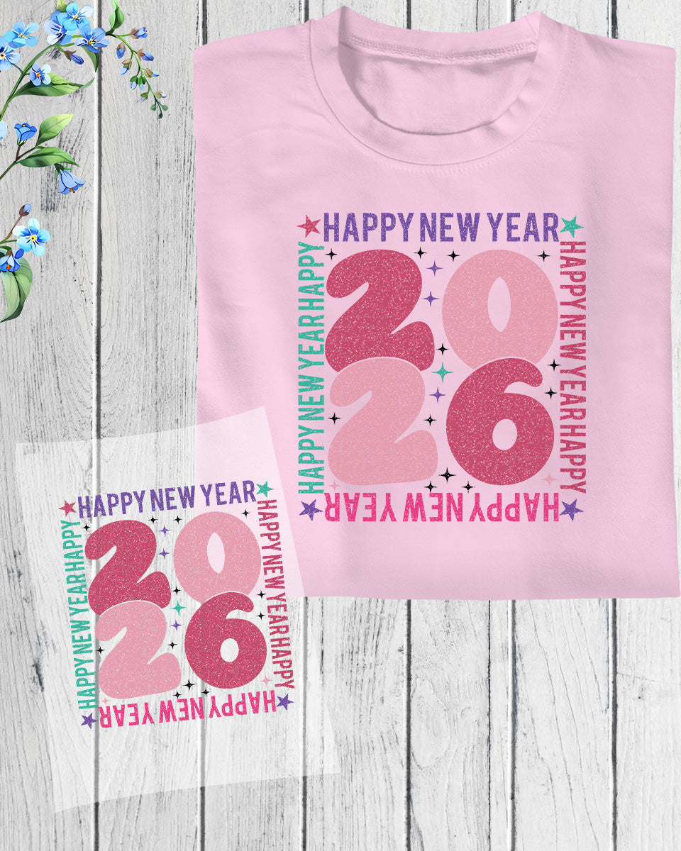 Happy New Year 2026 Christmas DTF Transfer, Ready to Press Heat Transfer for Shirts, Festive Holiday New Year Xmas Design, UV Sticker