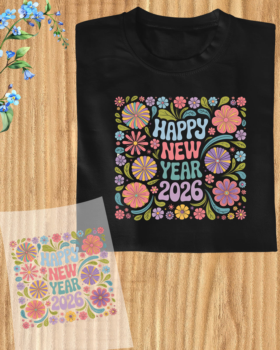 Happy New Year 2026 Colourful DTF Transfer, Ready to Press Heat Transfer for Shirts, Festive Colourful New Year 2026 Design, UV Sticker