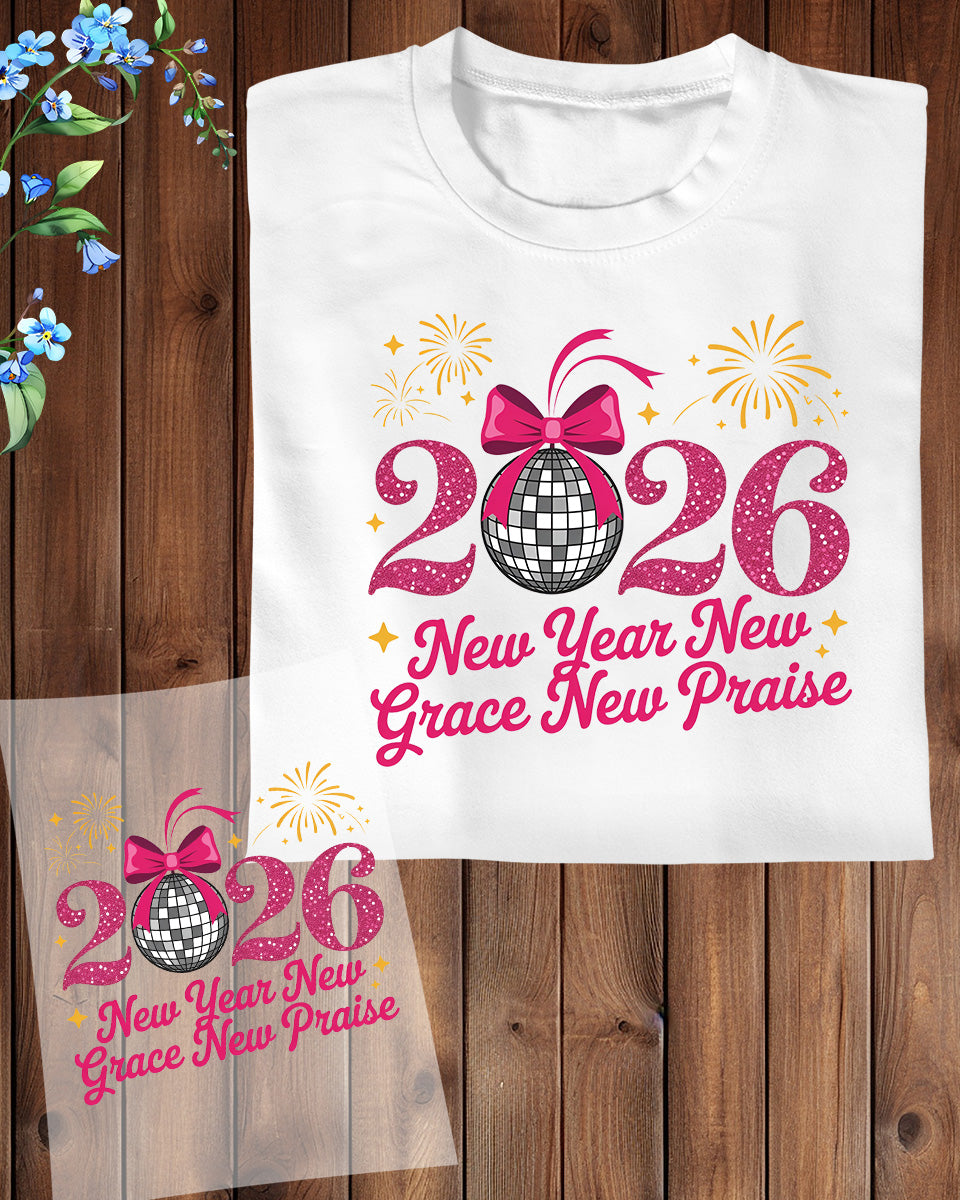 Happy New Year 2026 Coquette Bow DTF Transfer, Ready to Press Heat Transfer for Shirts, Festive Holiday Pink New Year Design, UV Sticker