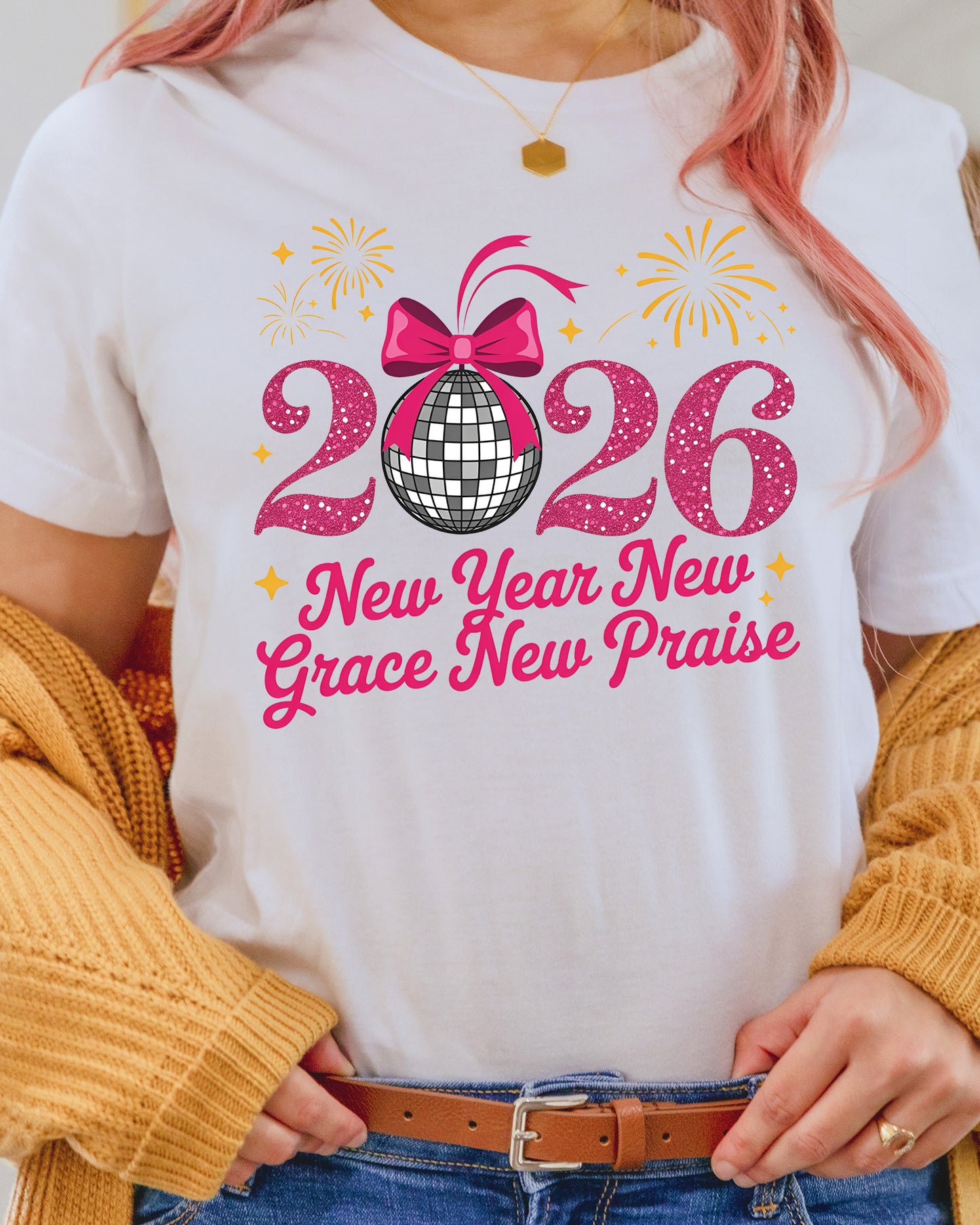 Happy New Year 2026 Coquette Bow DTF Transfer, Ready to Press Heat Transfer for Shirts, Festive Holiday Pink New Year Design, UV Sticker