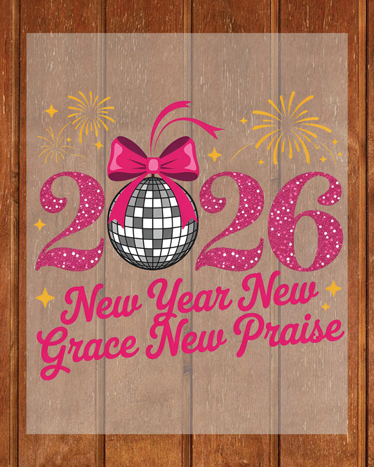 Happy New Year 2026 Coquette Bow DTF Transfer, Ready to Press Heat Transfer for Shirts, Festive Holiday Pink New Year Design, UV Sticker