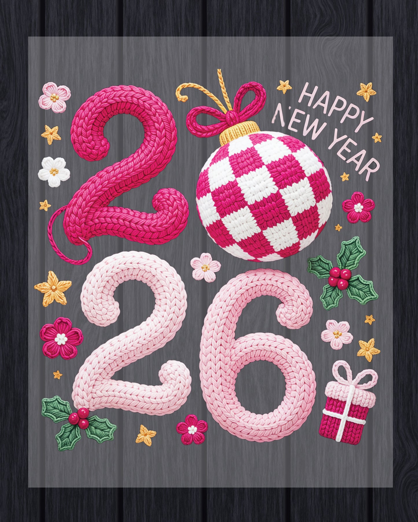 Happy New Year 2026 Crochet Yarn DTF Transfer, Ready to Press Heat Transfer for Shirts, Festive Holiday New Year 2026 Design, UV Sticker