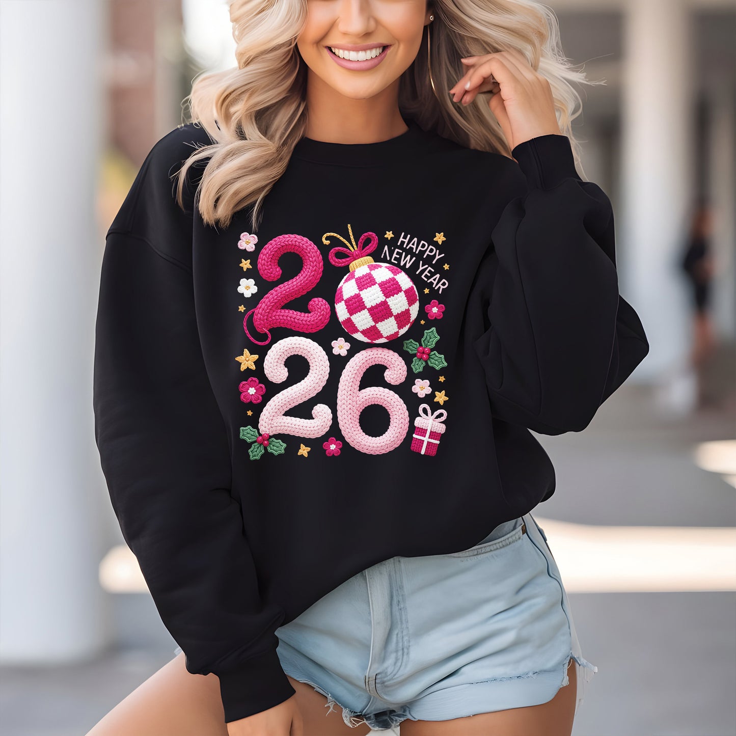 Happy New Year 2026 Crochet Yarn DTF Transfer, Ready to Press Heat Transfer for Shirts, Festive Holiday New Year 2026 Design, UV Sticker