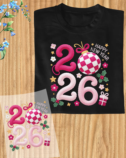 Happy New Year 2026 Crochet Yarn DTF Transfer, Ready to Press Heat Transfer for Shirts, Festive Holiday New Year 2026 Design, UV Sticker