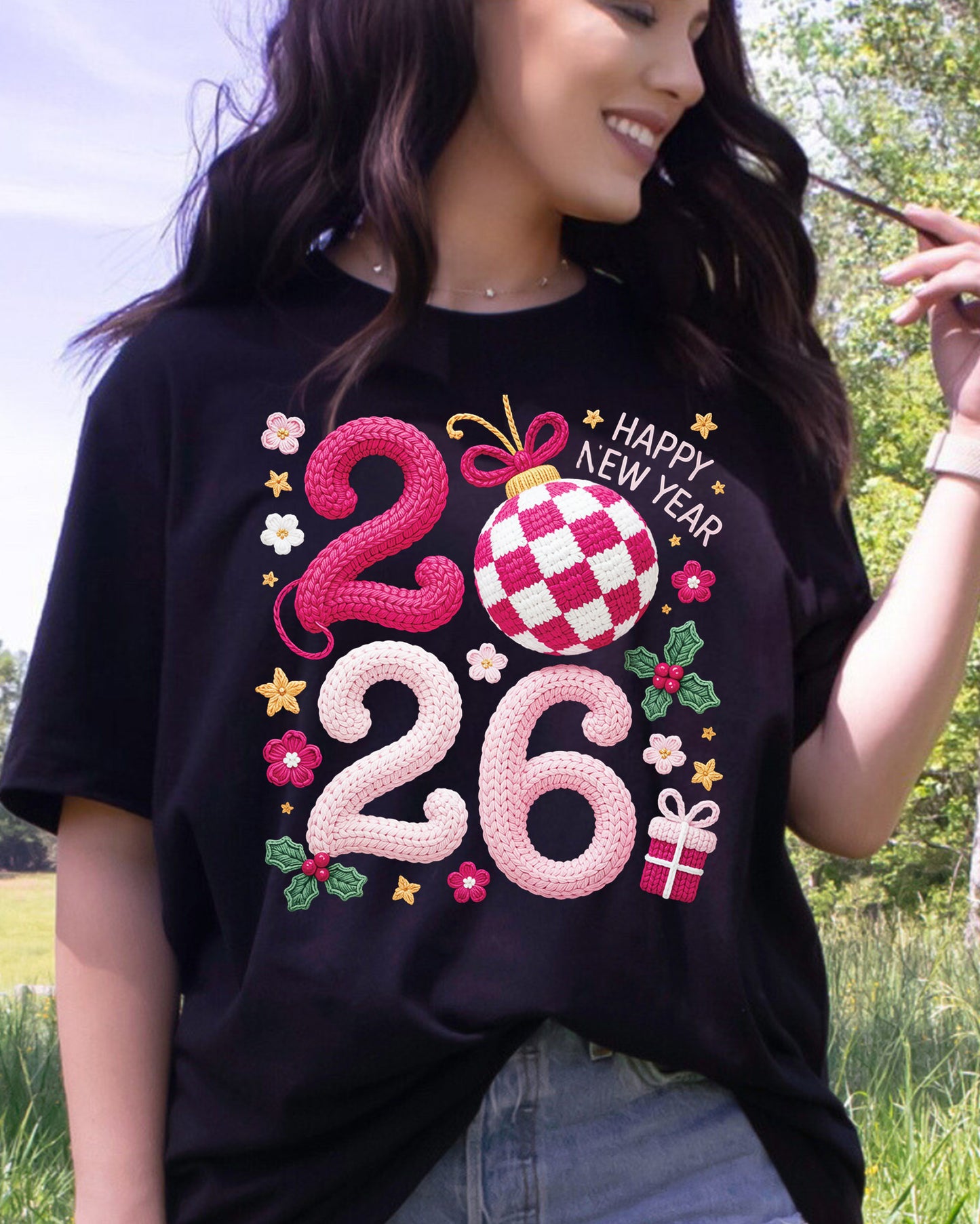 Happy New Year 2026 Crochet Yarn DTF Transfer, Ready to Press Heat Transfer for Shirts, Festive Holiday New Year 2026 Design, UV Sticker