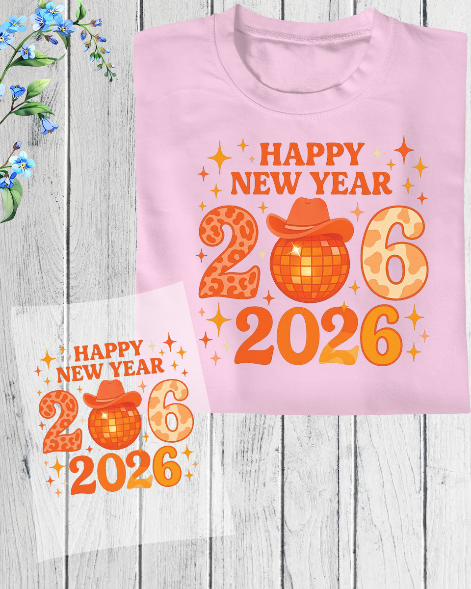 Happy New Year 2026 Design DTF Transfer, Ready to Press Heat Transfer for Shirts, Festive Holiday New Year 2026 Design, UV Sticker