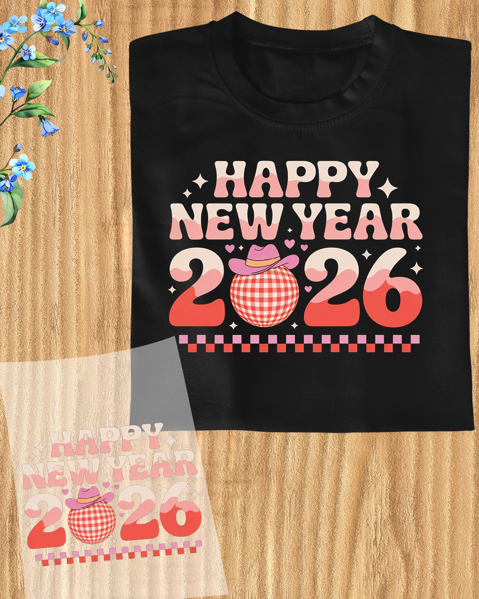 Happy New Year 2026 Design DTF Transfer, Ready to Press Heat Transfer for Shirts, Festive Holiday New Year 2026 Design, UV Sticker