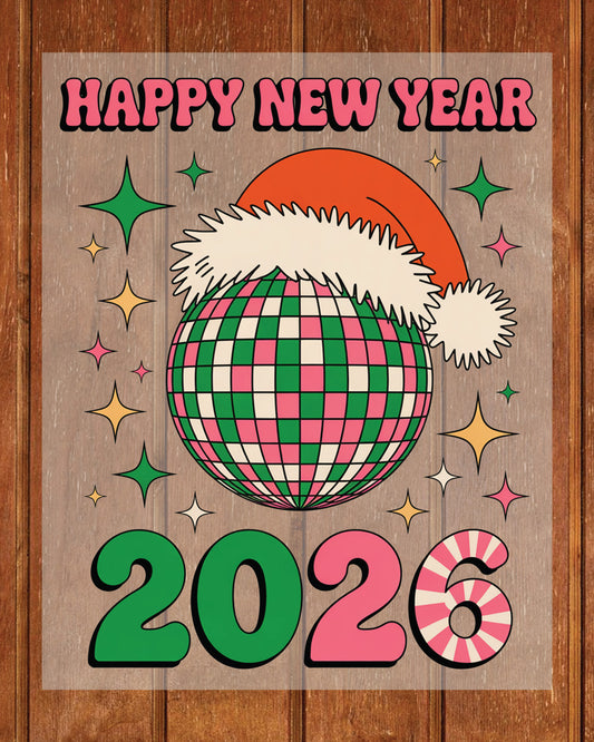 Happy New Year 2026 Disco Ball Christmas DTF Transfer, Ready to Press Heat Transfer for Shirts, Festive Holiday New Year Xmas Design, UV Sticker