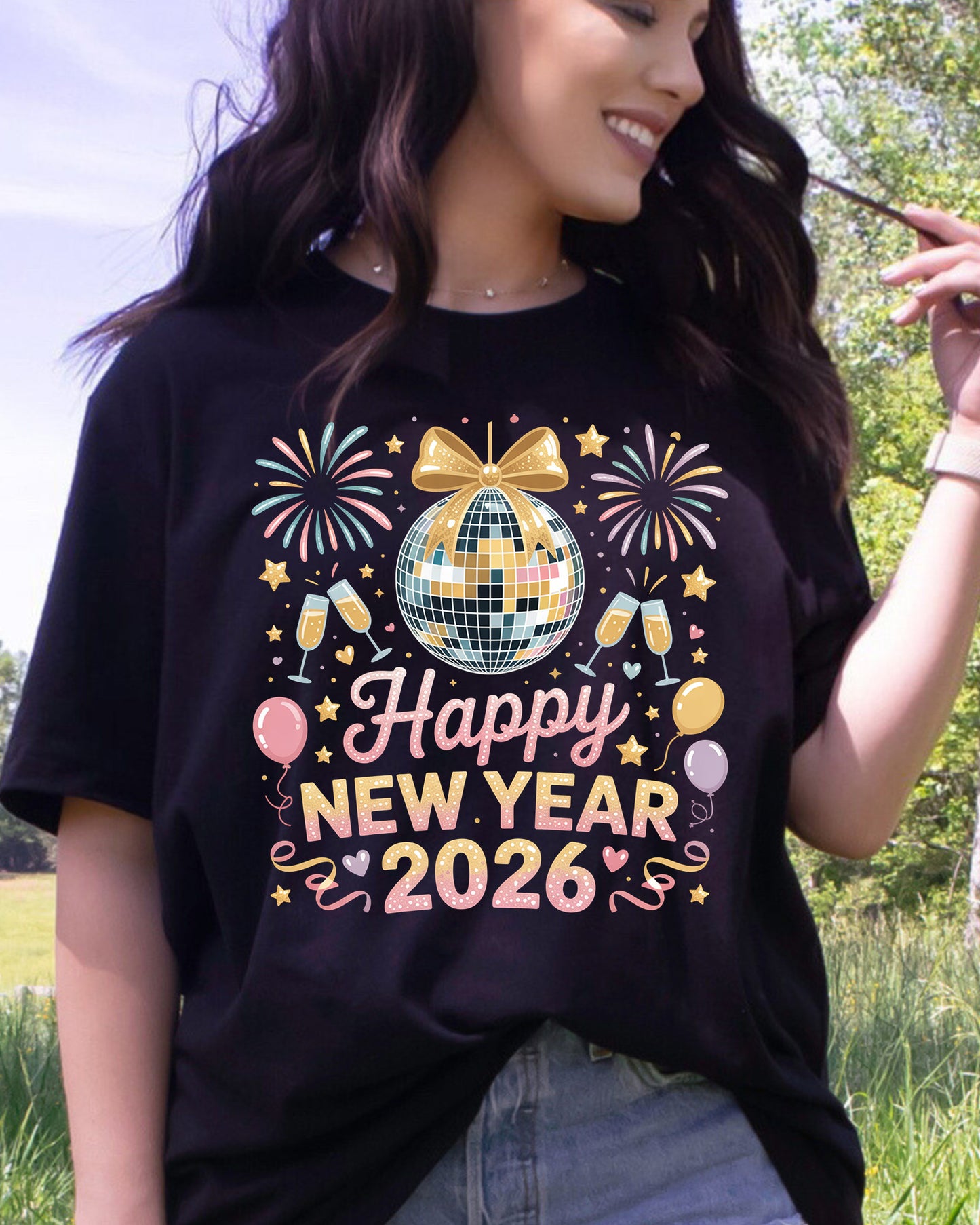 Happy New Year 2026 Disco Ball DTF Transfer, Ready to Press Heat Transfer for Shirts, Festive Holiday New Year 2026 Design, UV Sticker