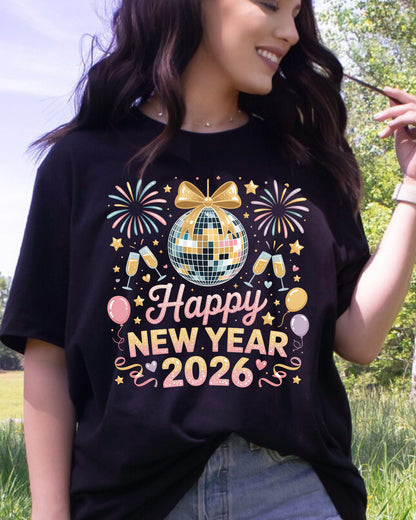 Happy New Year 2026 Disco Ball DTF Transfer, Ready to Press Heat Transfer for Shirts, Festive Holiday New Year 2026 Design, UV Sticker