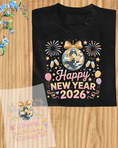 Happy New Year 2026 Disco Ball DTF Transfer, Ready to Press Heat Transfer for Shirts, Festive Holiday New Year 2026 Design, UV Sticker