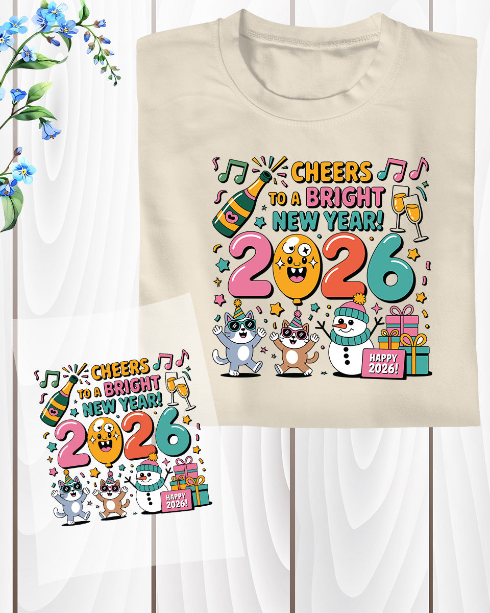 Happy New Year 2026 DTF Transfer, Ready to Press Heat Transfer for Shirts, Festive Holiday New Year 2026 Design, UV Sticker