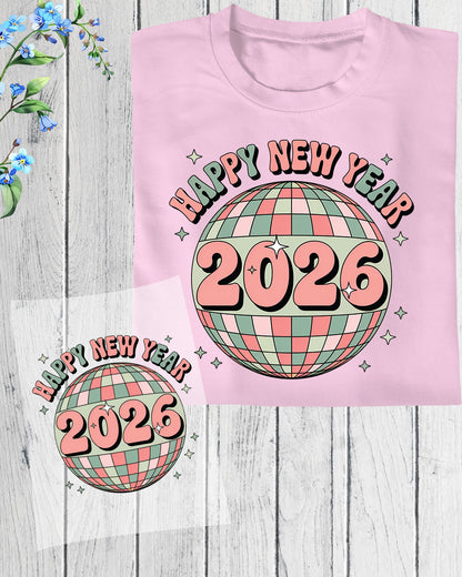 Happy New Year 2026 DTF Transfer, Ready to Press Heat Transfer for Shirts, Festive Holiday New Year 2026 Design, UV Sticker
