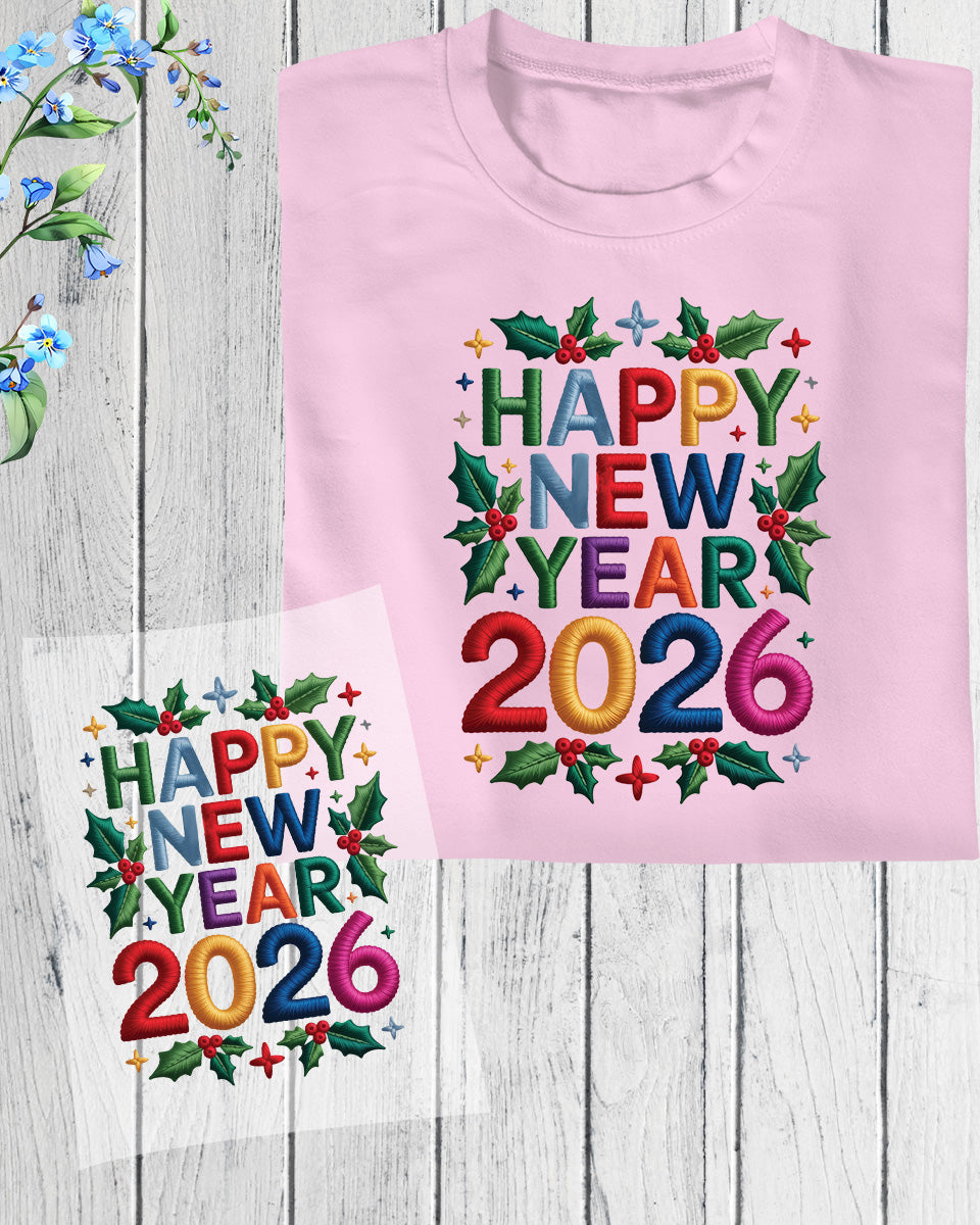 Happy New Year 2026 DTF Transfer, Ready to Press Heat Transfer for Shirts, Festive Holiday New Year 2026 Design, UV Sticker