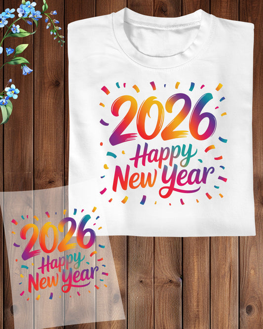 Happy New Year 2026 DTF Transfer, Ready to Press Heat Transfer for Shirts, Festive Holiday New Year 2026 Design, UV Sticker