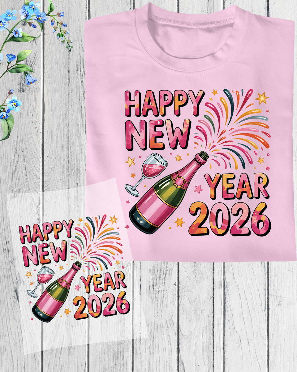 Happy New Year 2026 DTF Transfer, Ready to Press Heat Transfer for Shirts, Festive Holiday New Year 2026 Design, UV Sticker