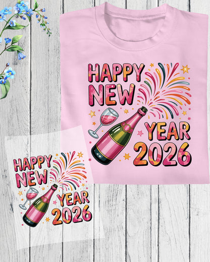 Happy New Year 2026 DTF Transfer, Ready to Press Heat Transfer for Shirts, Festive Holiday New Year 2026 Design, UV Sticker