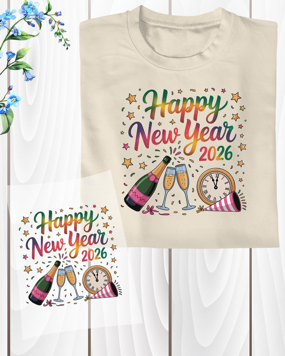 Happy New Year 2026 DTF Transfer, Ready to Press Heat Transfer for Shirts, Festive Holiday New Year 2026 Design, UV Sticker