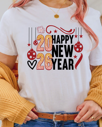 Happy New Year 2026 DTF Transfer, Ready to Press Heat Transfer for Shirts, Festive Holiday New Year 2026 Design, UV Sticker