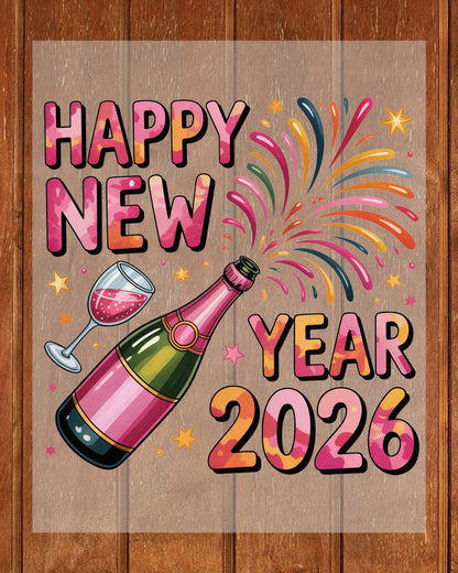 Happy New Year 2026 DTF Transfer, Ready to Press Heat Transfer for Shirts, Festive Holiday New Year 2026 Design, UV Sticker