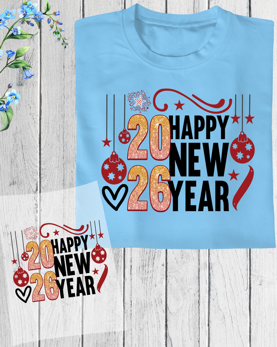 Happy New Year 2026 DTF Transfer, Ready to Press Heat Transfer for Shirts, Festive Holiday New Year 2026 Design, UV Sticker