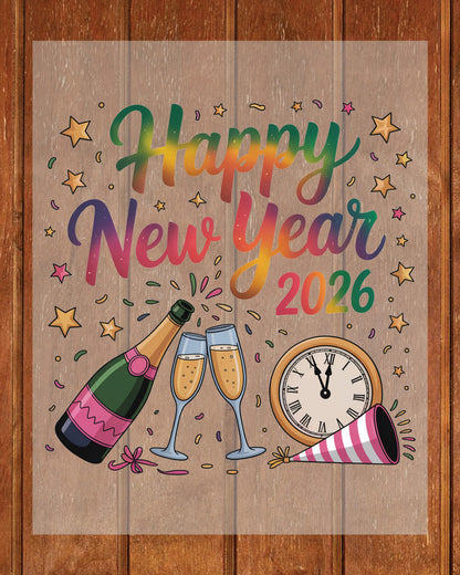 Happy New Year 2026 DTF Transfer, Ready to Press Heat Transfer for Shirts, Festive Holiday New Year 2026 Design, UV Sticker