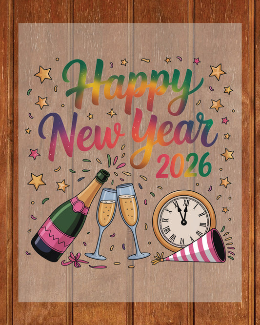 Happy New Year 2026 DTF Transfer, Ready to Press Heat Transfer for Shirts, Festive Holiday New Year 2026 Design, UV Sticker
