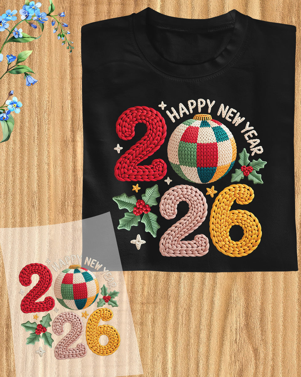 Happy New Year 2026 DTF Transfer, Ready to Press Heat Transfer for Shirts, Festive Holiday New Year 2026 Design, UV Sticker