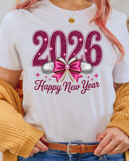 Happy New Year 2026 Glitter Faux DTF Transfer, Ready to Press Heat Transfer for Shirts, Festive Holiday Glitter New Year Design, UV Sticker