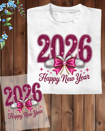 Happy New Year 2026 Glitter Faux DTF Transfer, Ready to Press Heat Transfer for Shirts, Festive Holiday Glitter New Year Design, UV Sticker
