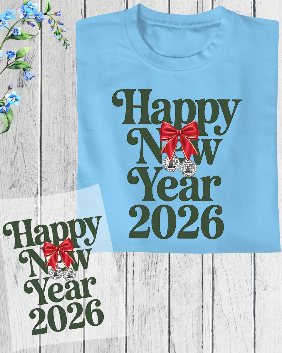 Happy New Year 2026 Pink Coquette DTF Transfer, Ready to Press Heat Transfer for Shirts, Festive Holiday Pink New Year Design, UV Sticker