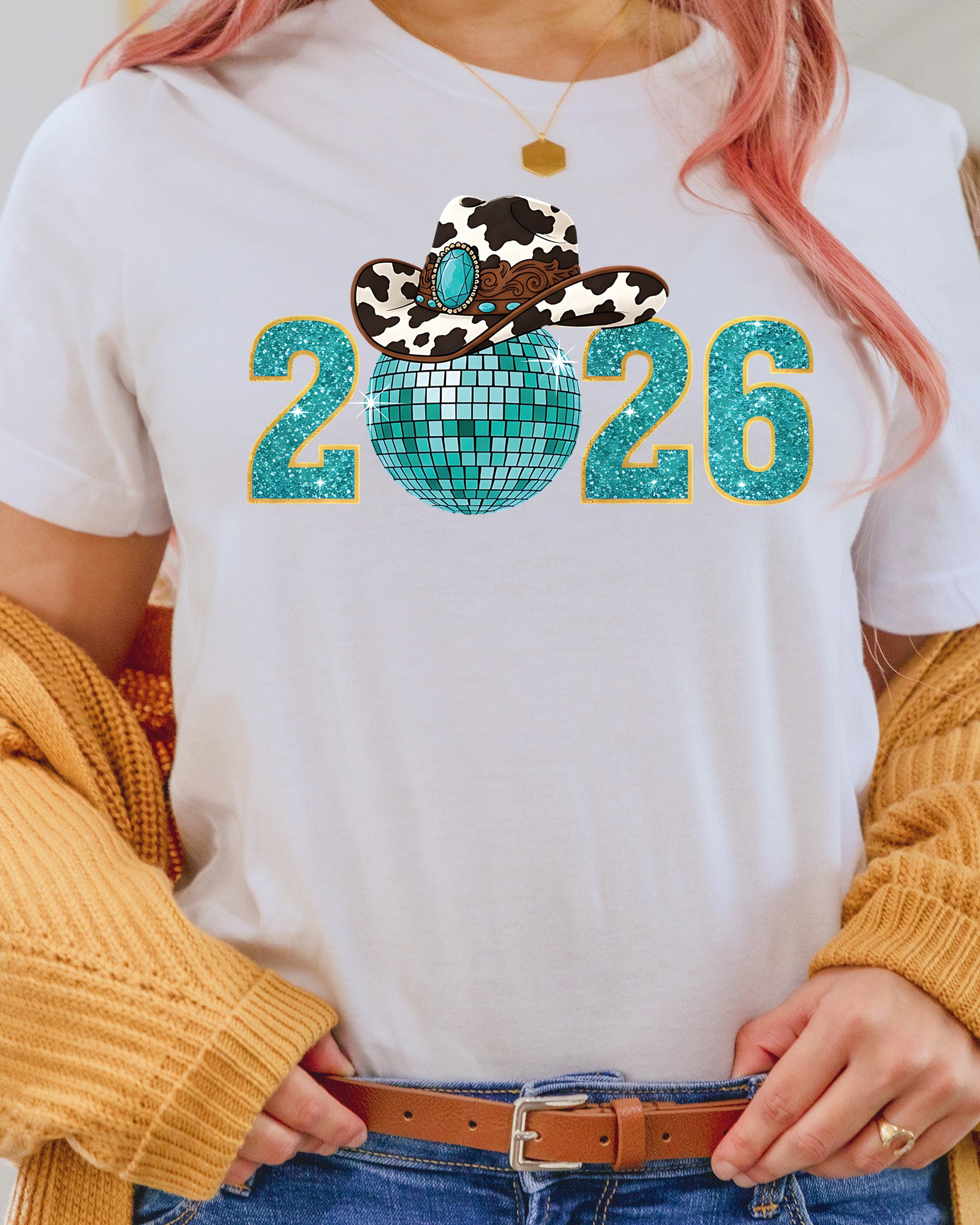 Happy New Years 2026 Western Cowgirl DTF Transfer, Ready to Press Heat Transfer for Shirts, Festive Western New Year 2026 Design, UV Sticker