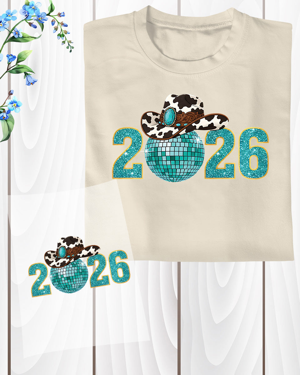 Happy New Years 2026 Western Cowgirl DTF Transfer, Ready to Press Heat Transfer for Shirts, Festive Western New Year 2026 Design, UV Sticker