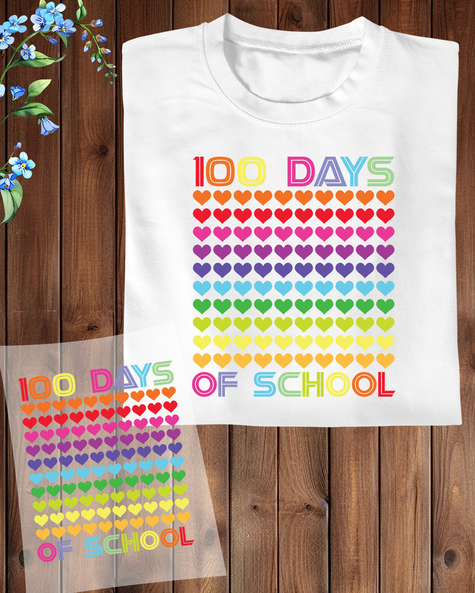 Heart Love 100 Days of School Kids DTF Transfer, Ready to Press Heat Transfer for Shirts, Fun Love 100 Days of School Design, UV Sticker
