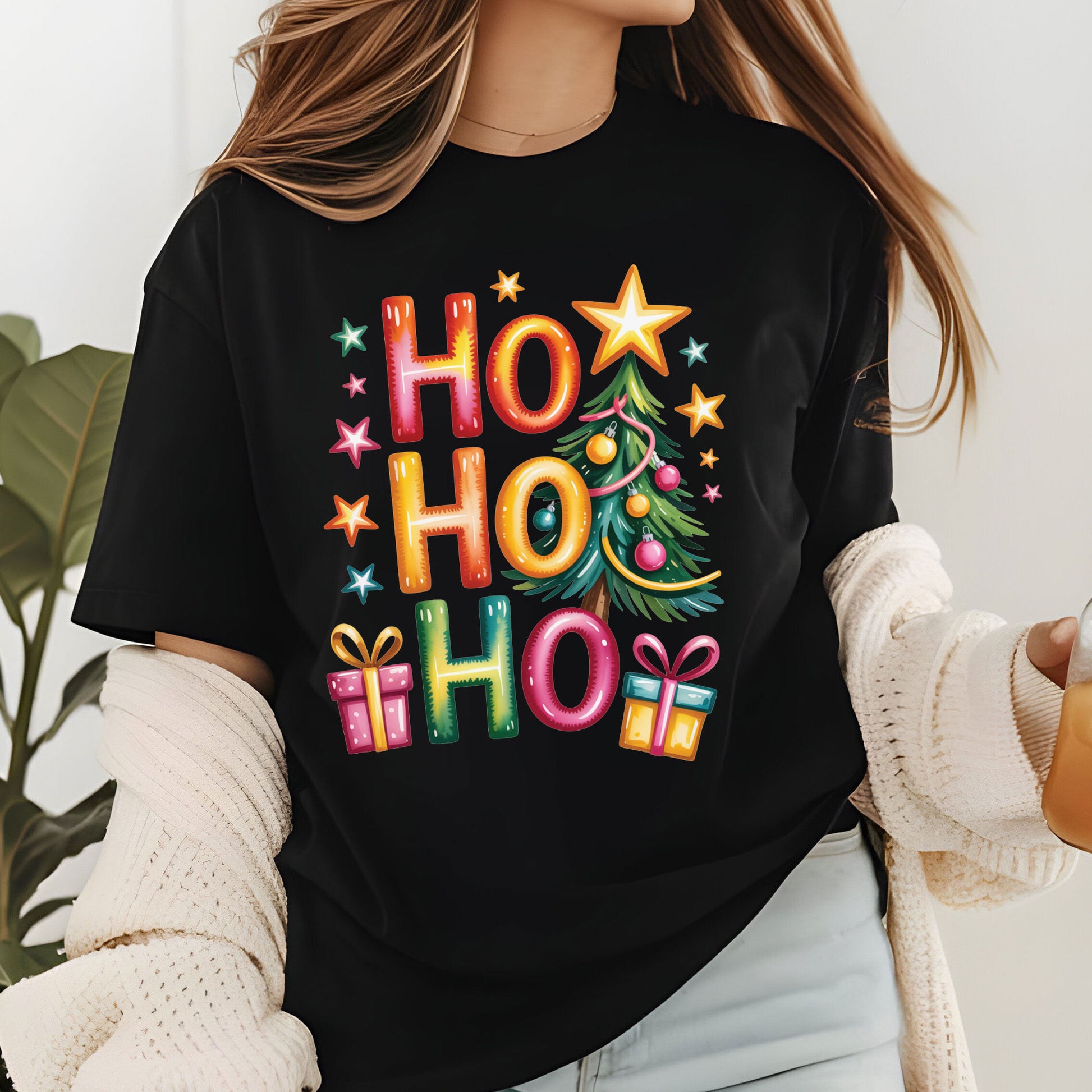 Ho Ho Ho Christmas Tree Glitter Print DTF Transfer