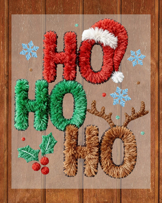Ho Ho Ho Crochet Faux Yarn Christmas DTF Transfer Ready to Press, Christmas Santa Heat Transfer For Shirt, X-mas UV Sticker Prints
