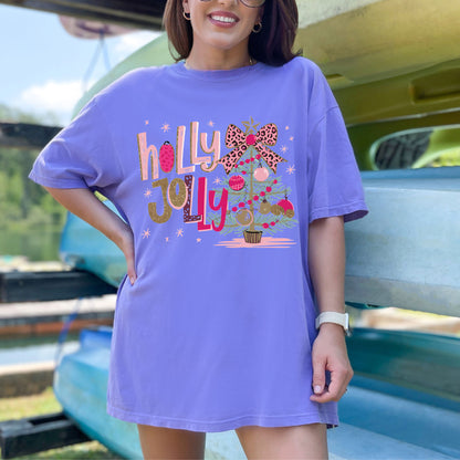 Holly Jolly Christmas Glitter Print DTF Transfer Ready to Press Christmas Coquette Tree Heat Transfer For Shirts X-mas Iron on Transfer