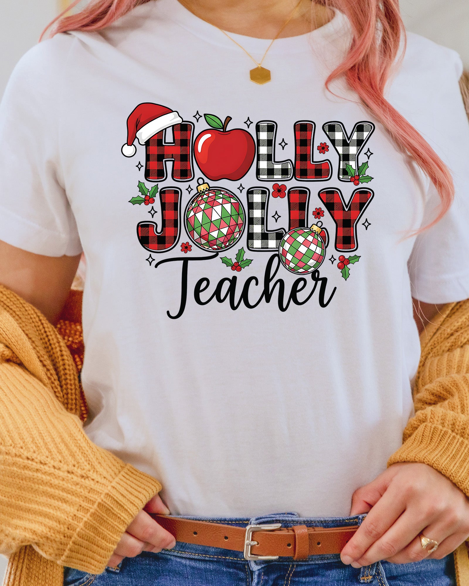 Holly Jolly Teacher Merry Christmas DTF Transfer, Holiday Heat Press Design, Xmas Shirt Print, UV DTF Sticker, Teacher Christmas Gift