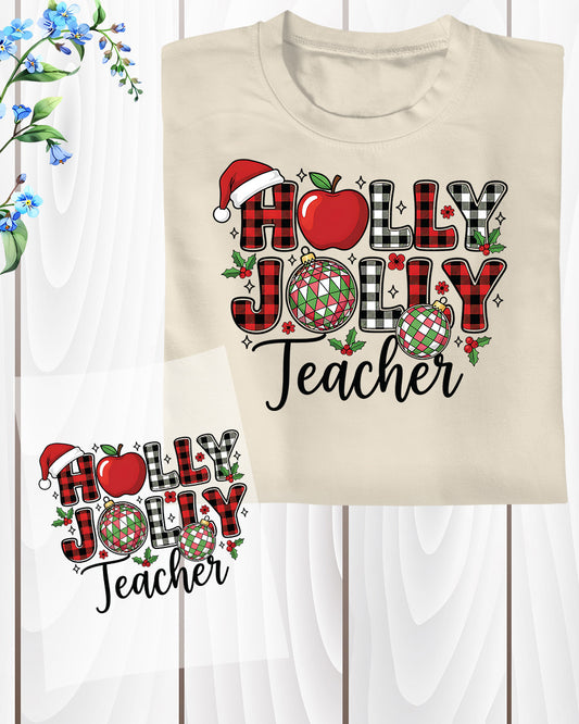 Holly Jolly Teacher Merry Christmas DTF Transfer, Holiday Heat Press Design, Xmas Shirt Print, UV DTF Sticker, Teacher Christmas Gift