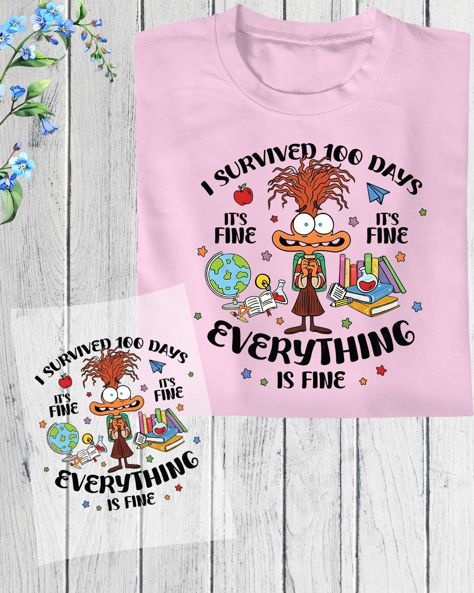 I Survived 100 Days Of School Cartoon DTF Transfer Ready to Press Heat Application UV Sticker Prints Cute Character DIY Student Shirt Decal