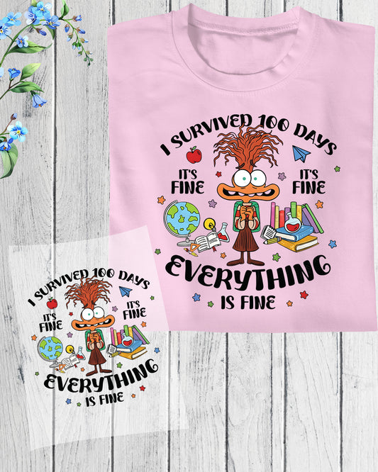 I Survived 100 Days Of School Cartoon DTF Transfer Ready to Press Heat Application UV Sticker Prints Cute Character DIY Student Shirt Decal