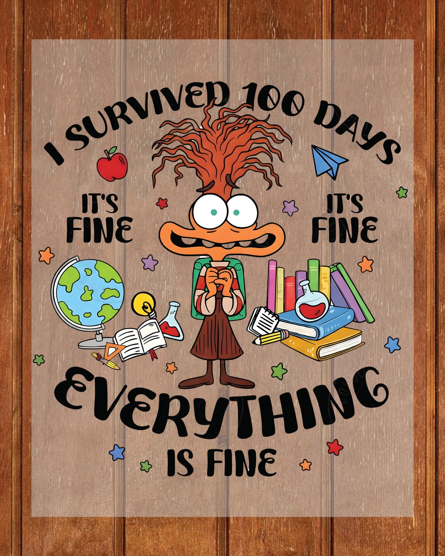 I Survived 100 Days Of School Cartoon DTF Transfer Ready to Press Heat Application UV Sticker Prints Cute Character DIY Student Shirt Decal