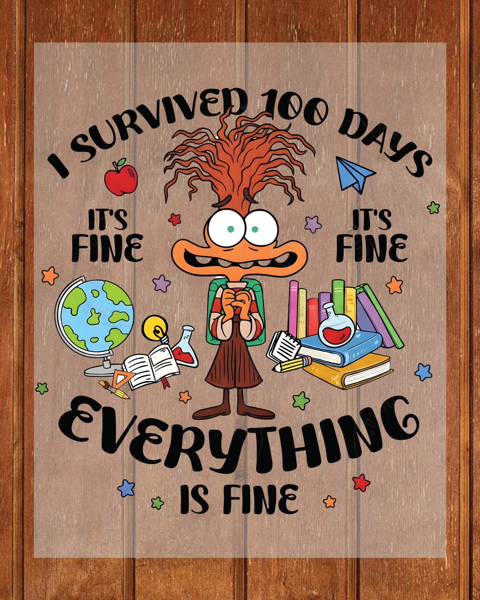 I Survived 100 Days Of School Cartoon DTF Transfer Ready to Press Heat Application UV Sticker Prints Cute Character DIY Student Shirt Decal